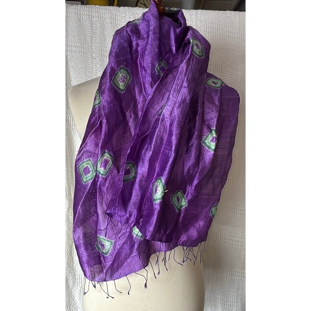 Purple Bandhani Silk Scarf Hand Dyed Green Diamond‎ Pattern Fringed Wrap